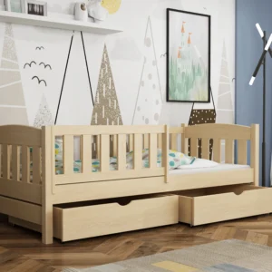 Łóżko dziecięce Bambi 80x180, lakier bezbarwny z szufladami i barierką